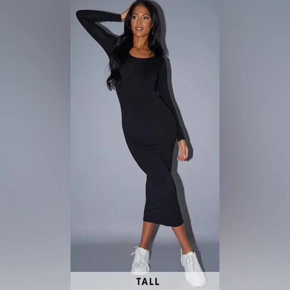 PrettyLittleThing Tall Black Long Sleeve Jersey Maxi Dress - UK8/ US4 - NWT - Picture 1 of 5
